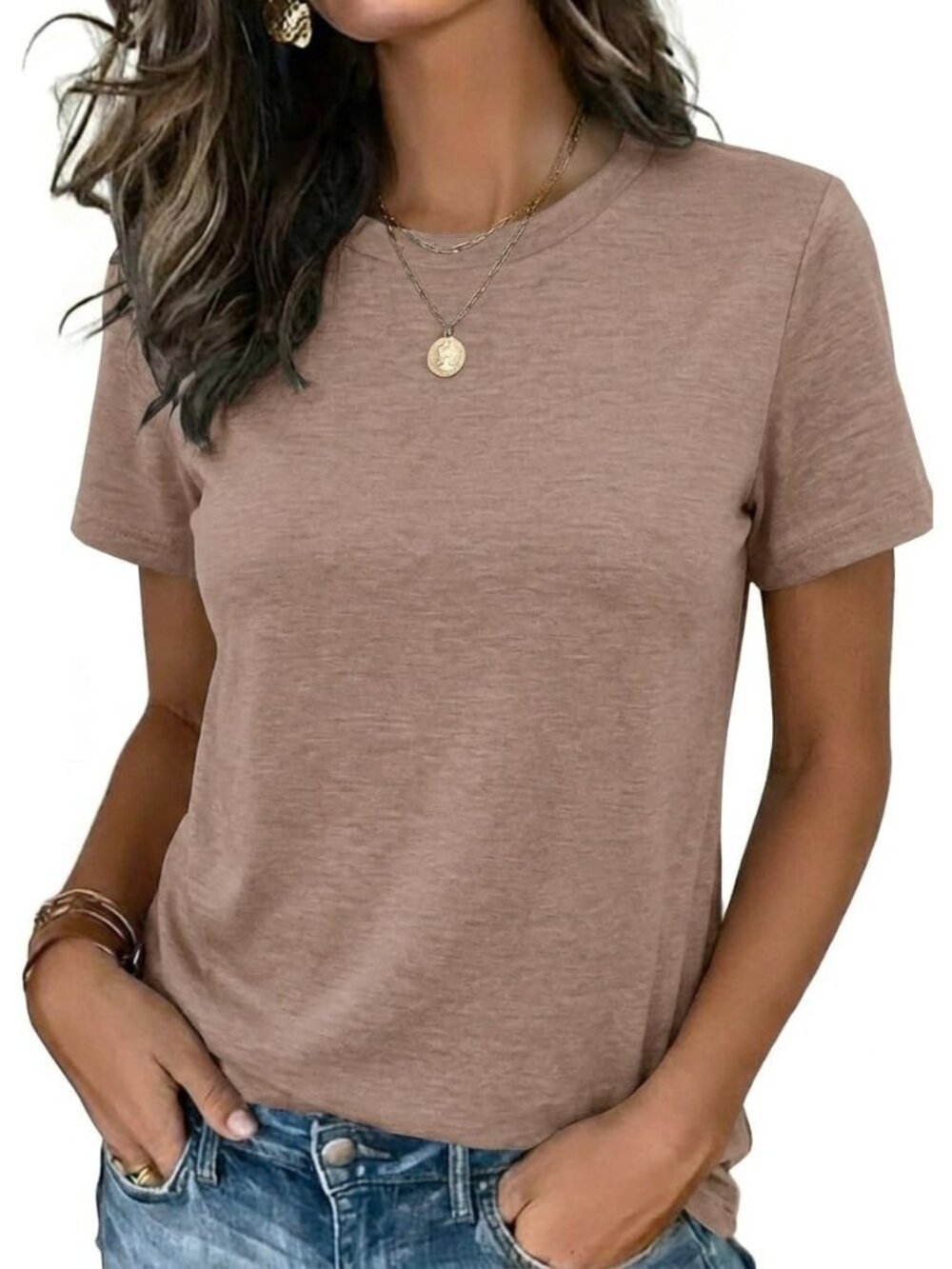 Women's Khaki Short Sleeve Crew neck Casual Basic Imported Tee Shirts